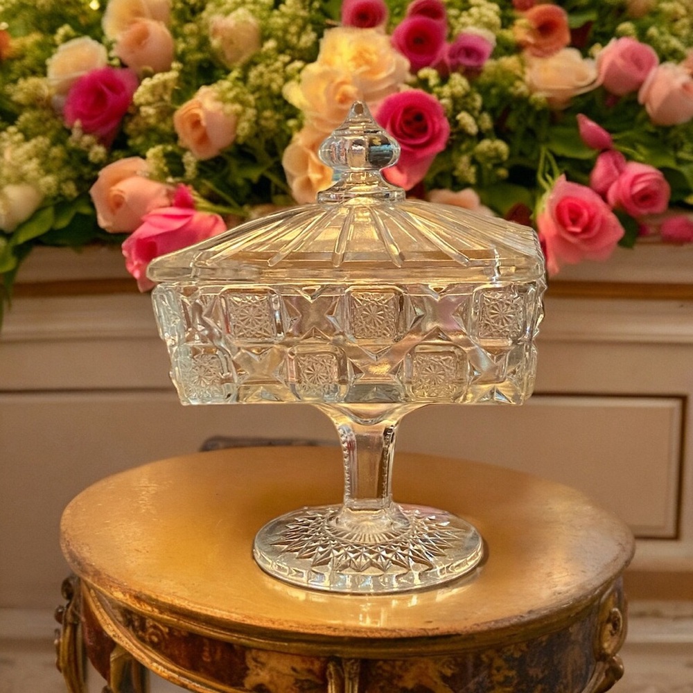 VTG EAPG Westmoreland Checkerboard Bridal Rosette Square Covered Candy Dish 7"